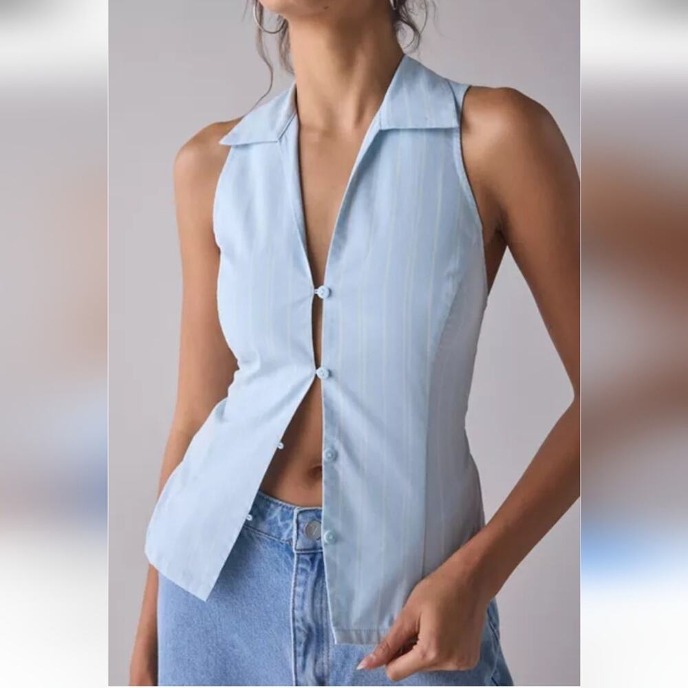 Urban Outfitters NWT Party Girl Button Down Cotton Blend Blue Sleeveless Top XS